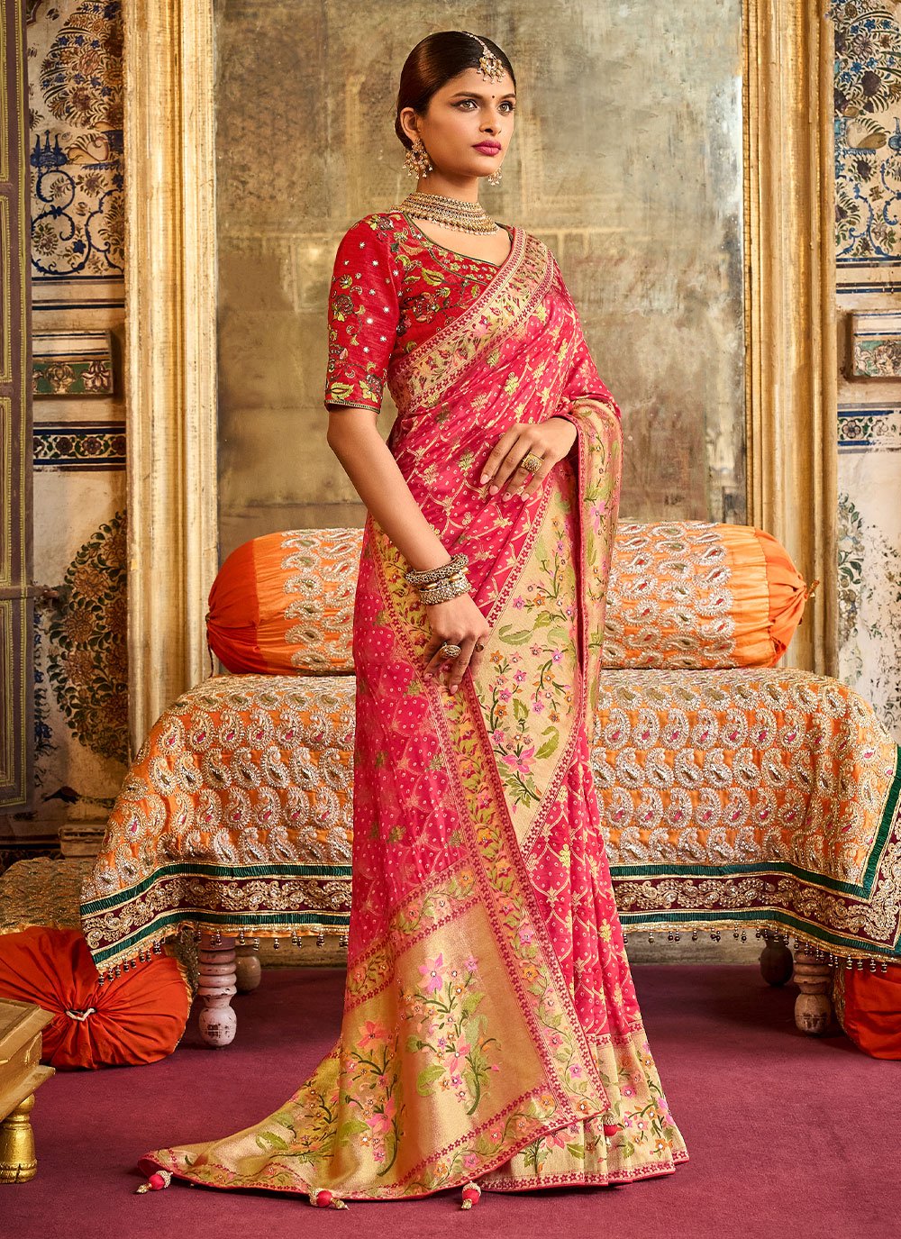 Designer Silk Pink Embroidered Saree