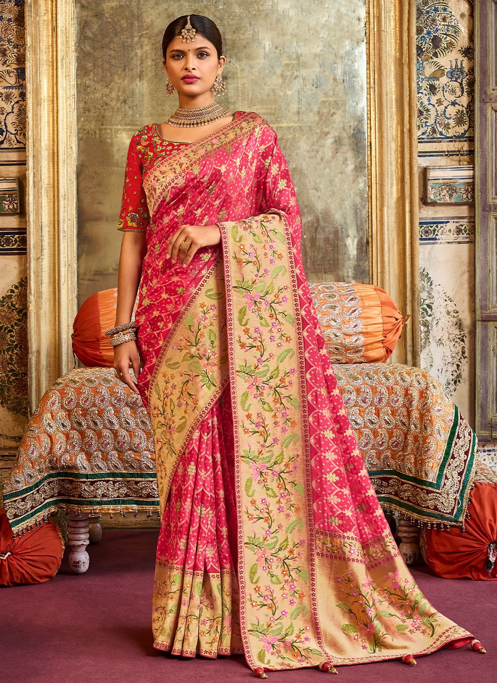 Designer Silk Pink Embroidered Saree