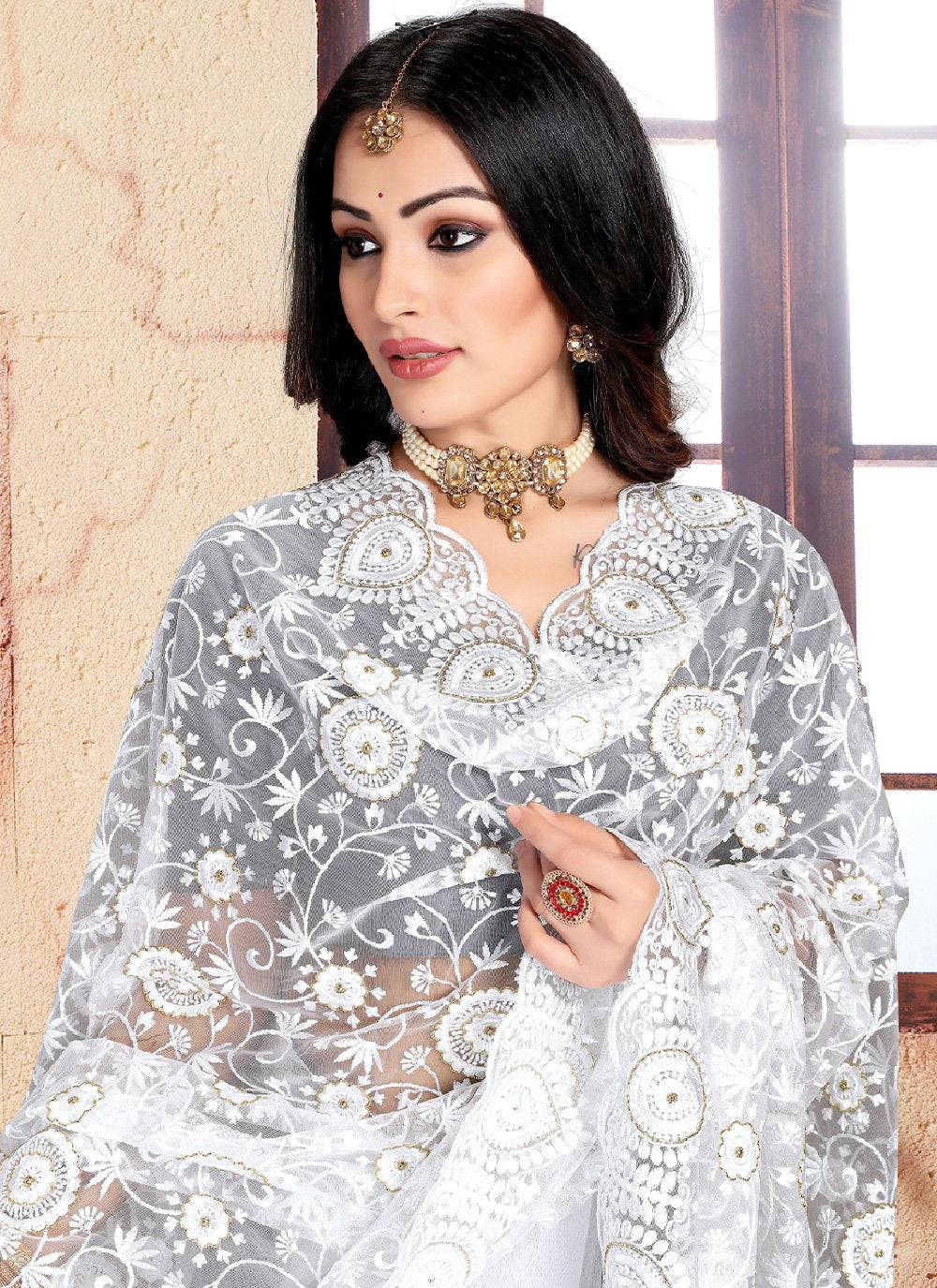 Classic Net White Embroidered Saree