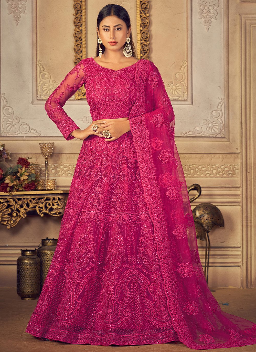 A Line Lehenga Net Hot Pink Embroidered Lehenga Choli