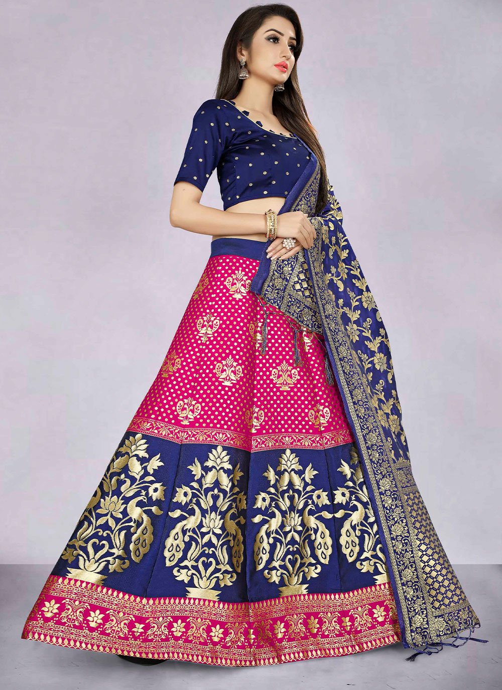 A Line Lehenga Banarasi Silk Jacquard Hot Pink Jacquard Work Lehenga Choli