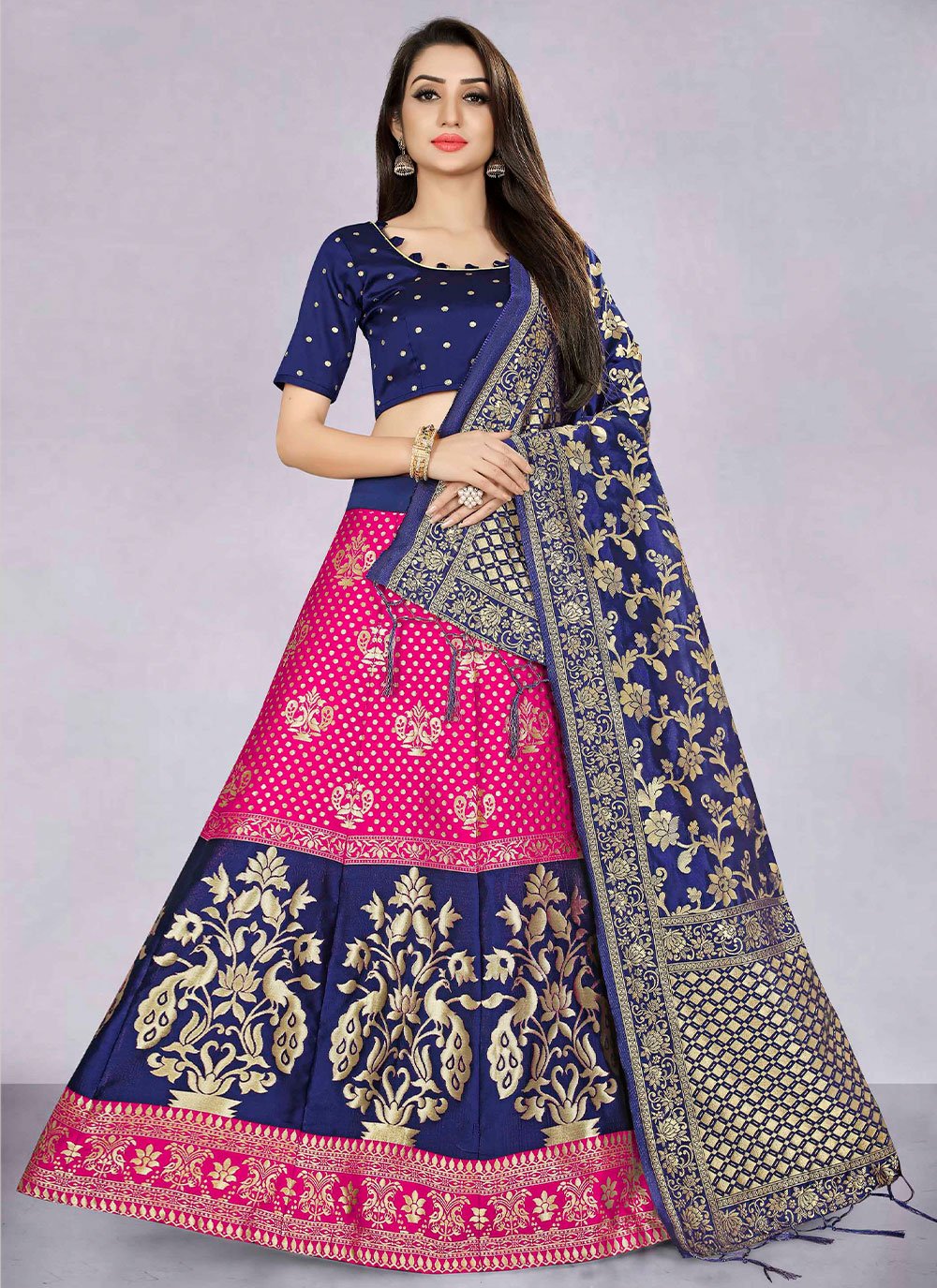 A Line Lehenga Banarasi Silk Jacquard Hot Pink Jacquard Work Lehenga Choli
