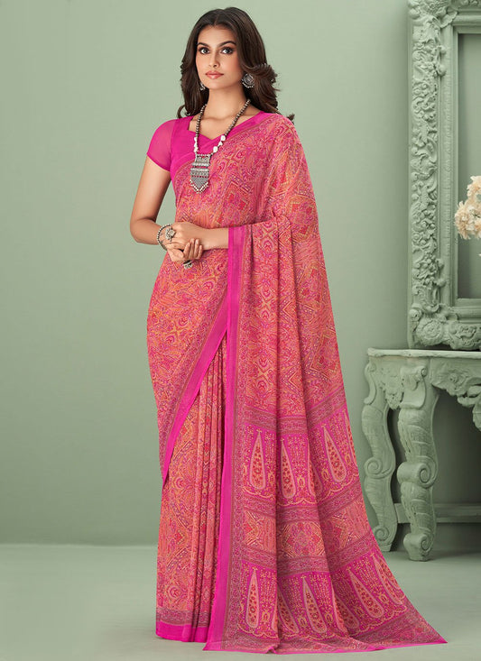 Contemporary Georgette Hot Pink Print Saree