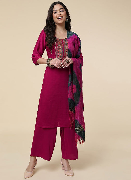 Designer Straight Salwar Suit Polyester Hot Pink Embroidered Salwar Kameez