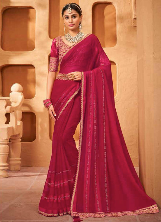 Trendy Saree Chiffon Hot Pink Embroidered Saree