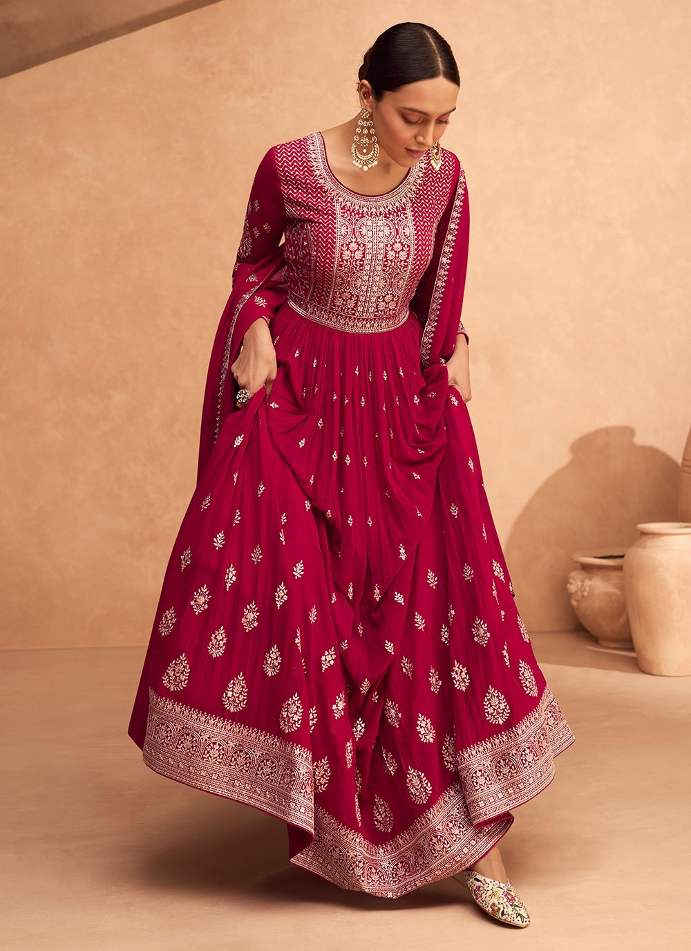 Designer Gown Georgette Hot Pink Embroidered Gown