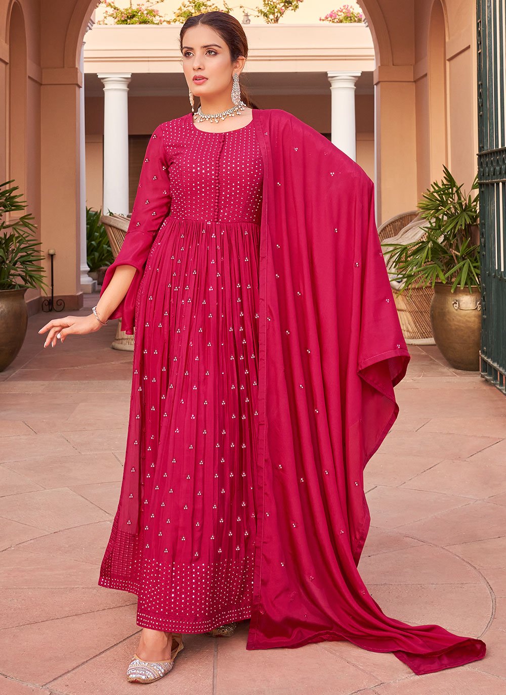 Anarkali Suit Chinon Hot Pink Embroidered Salwar Kameez