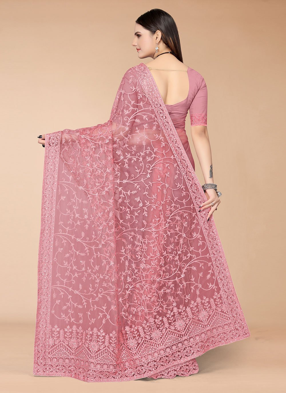 Designer Net Hot Pink Embroidered Saree