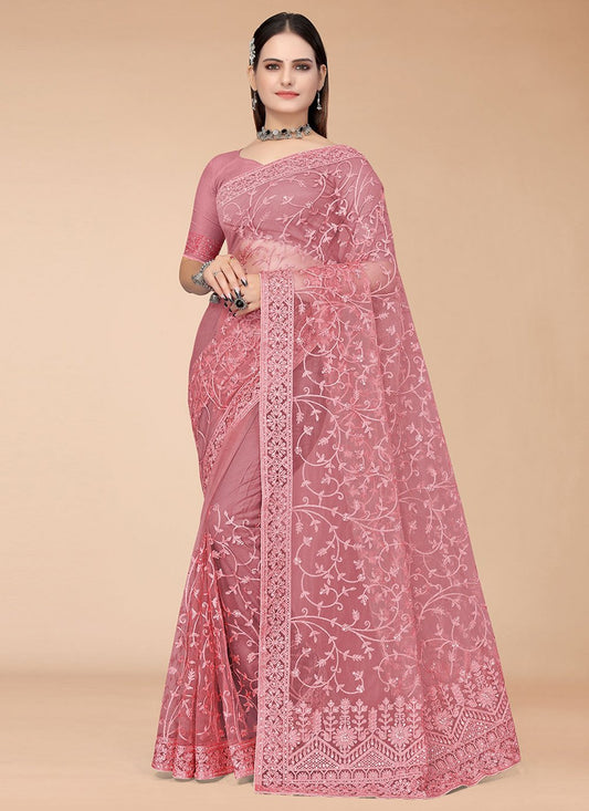 Designer Net Hot Pink Embroidered Saree