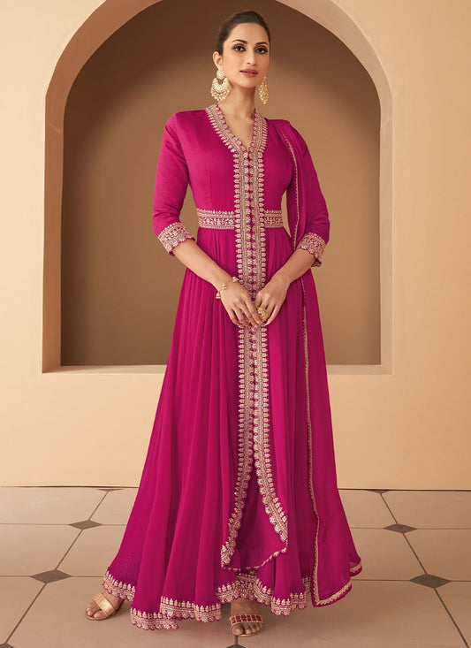 Gown Georgette Silk Hot Pink Embroidered Gown