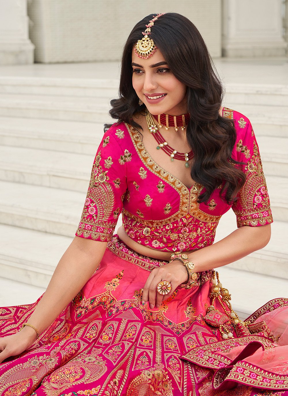 A Line Lehenga Silk Viscose Hot Pink Embroidered Lehenga Choli