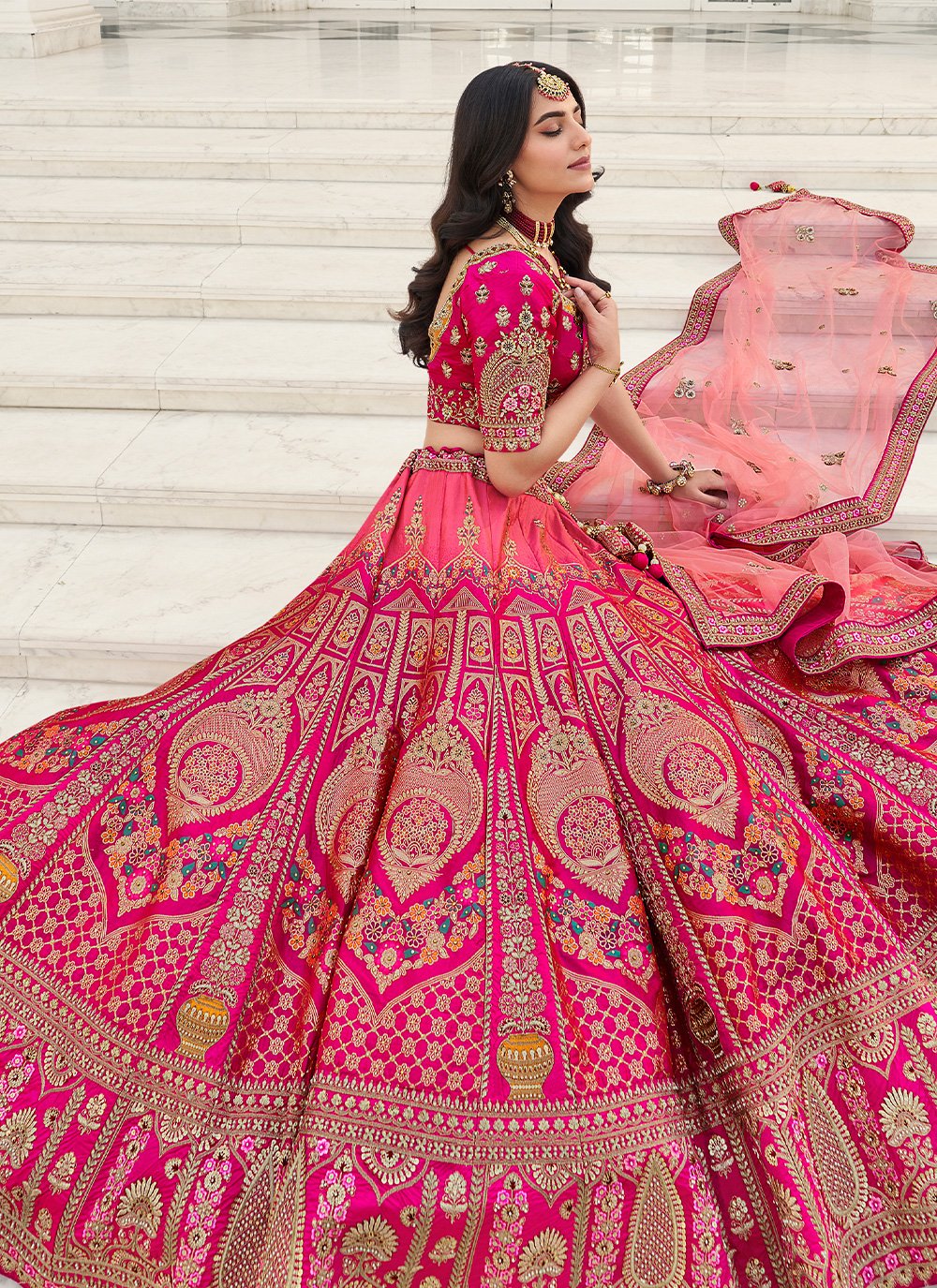 A Line Lehenga Silk Viscose Hot Pink Embroidered Lehenga Choli