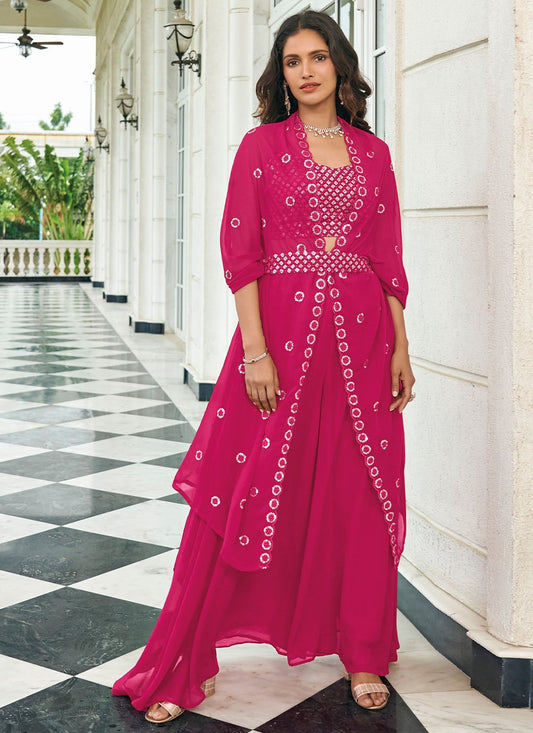 Jacket Style Suit Faux Georgette Hot Pink Embroidered Salwar Kameez