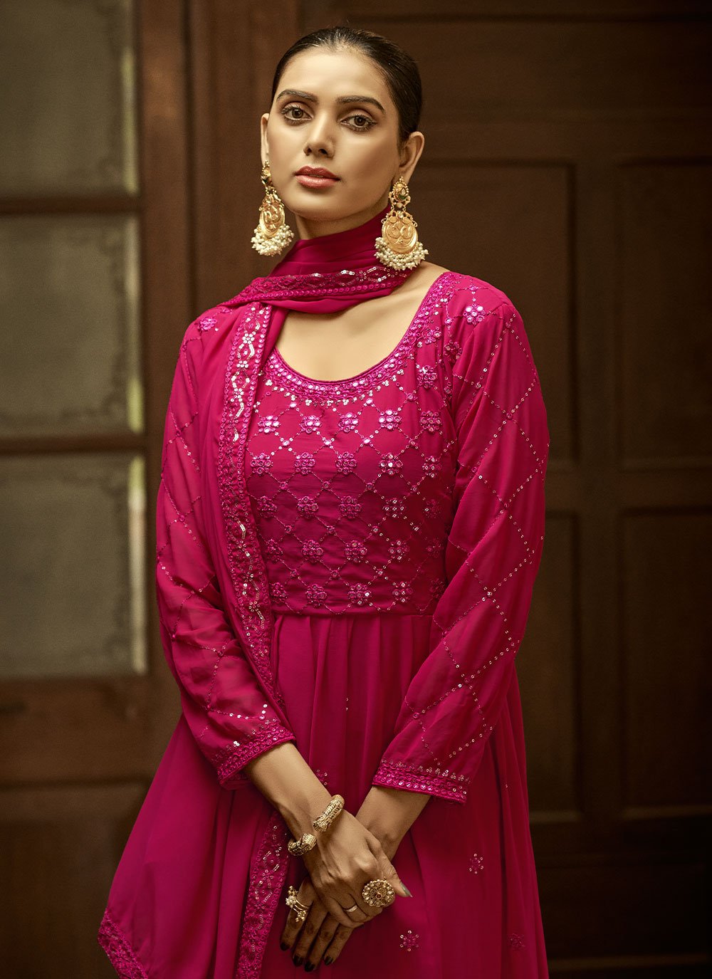 Anarkali Suit Faux Georgette Hot Pink Embroidered Salwar Kameez