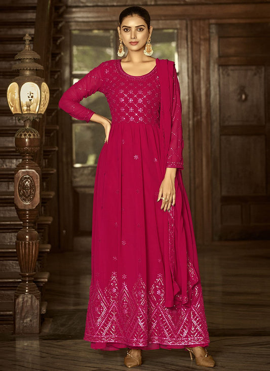 Anarkali Suit Faux Georgette Hot Pink Embroidered Salwar Kameez