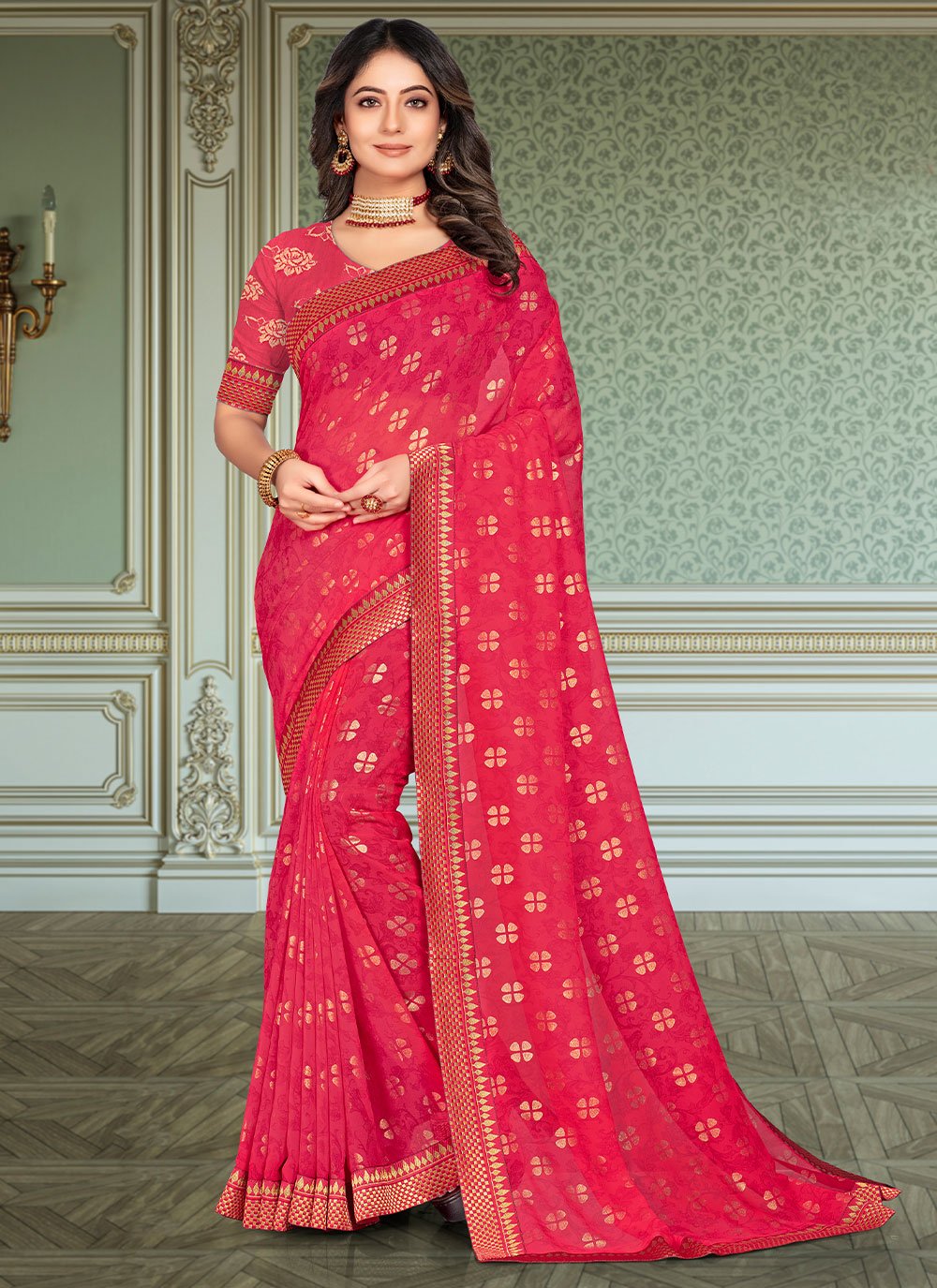 Trendy Saree Georgette Hot Pink Fancy Work Saree