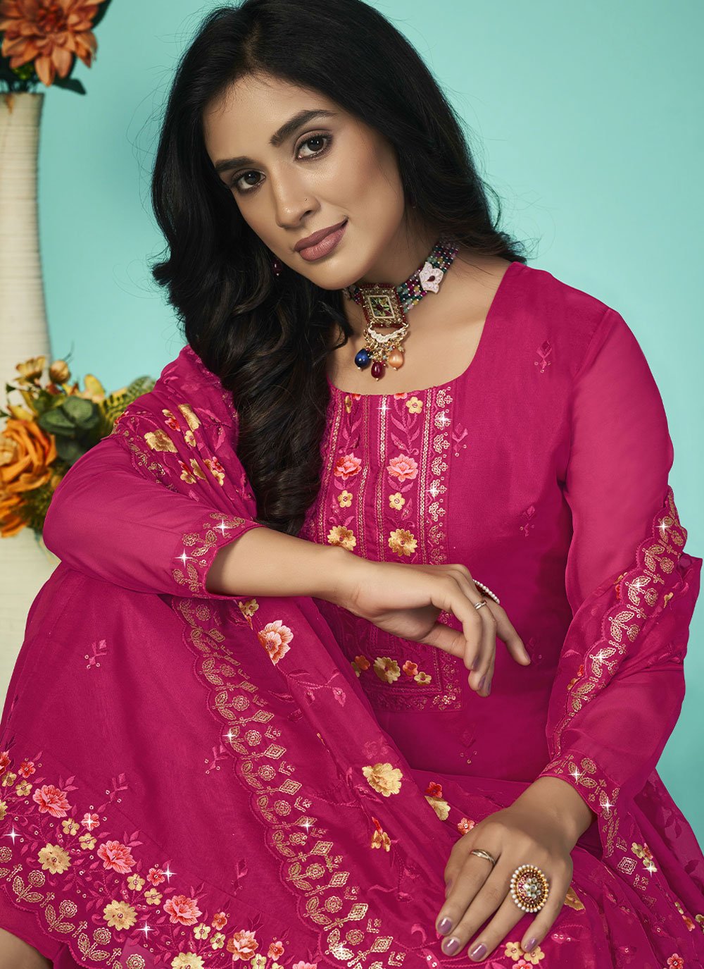 Straight Salwar Suit Organza Hot Pink Diamond Salwar Kameez