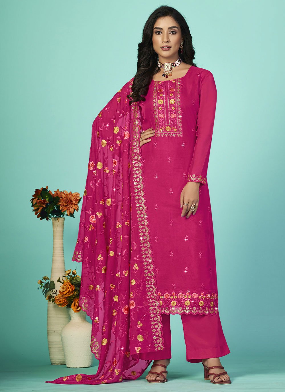 Straight Salwar Suit Organza Hot Pink Diamond Salwar Kameez