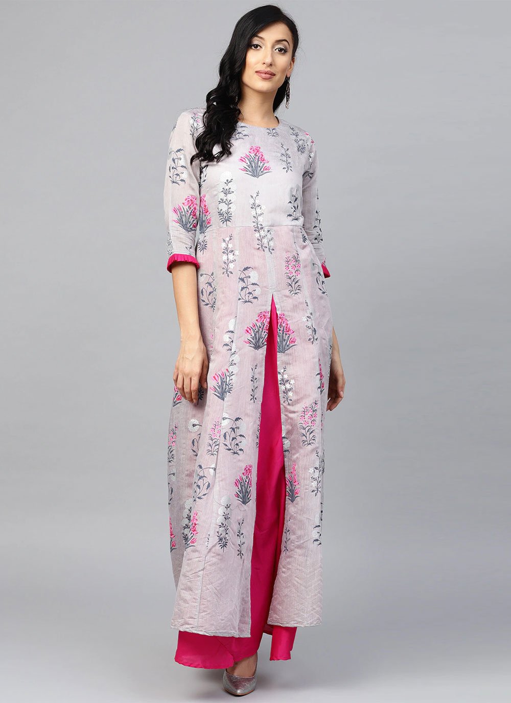 Floor Length Kurti Poly Silk Hot Pink Print Kurtis