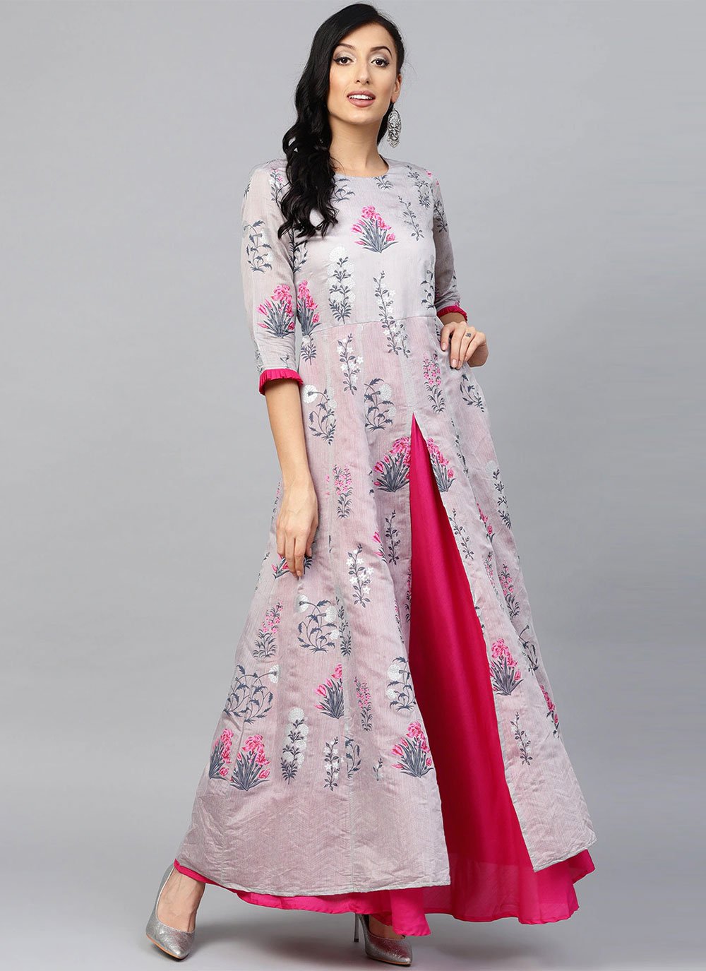 Floor Length Kurti Poly Silk Hot Pink Print Kurtis