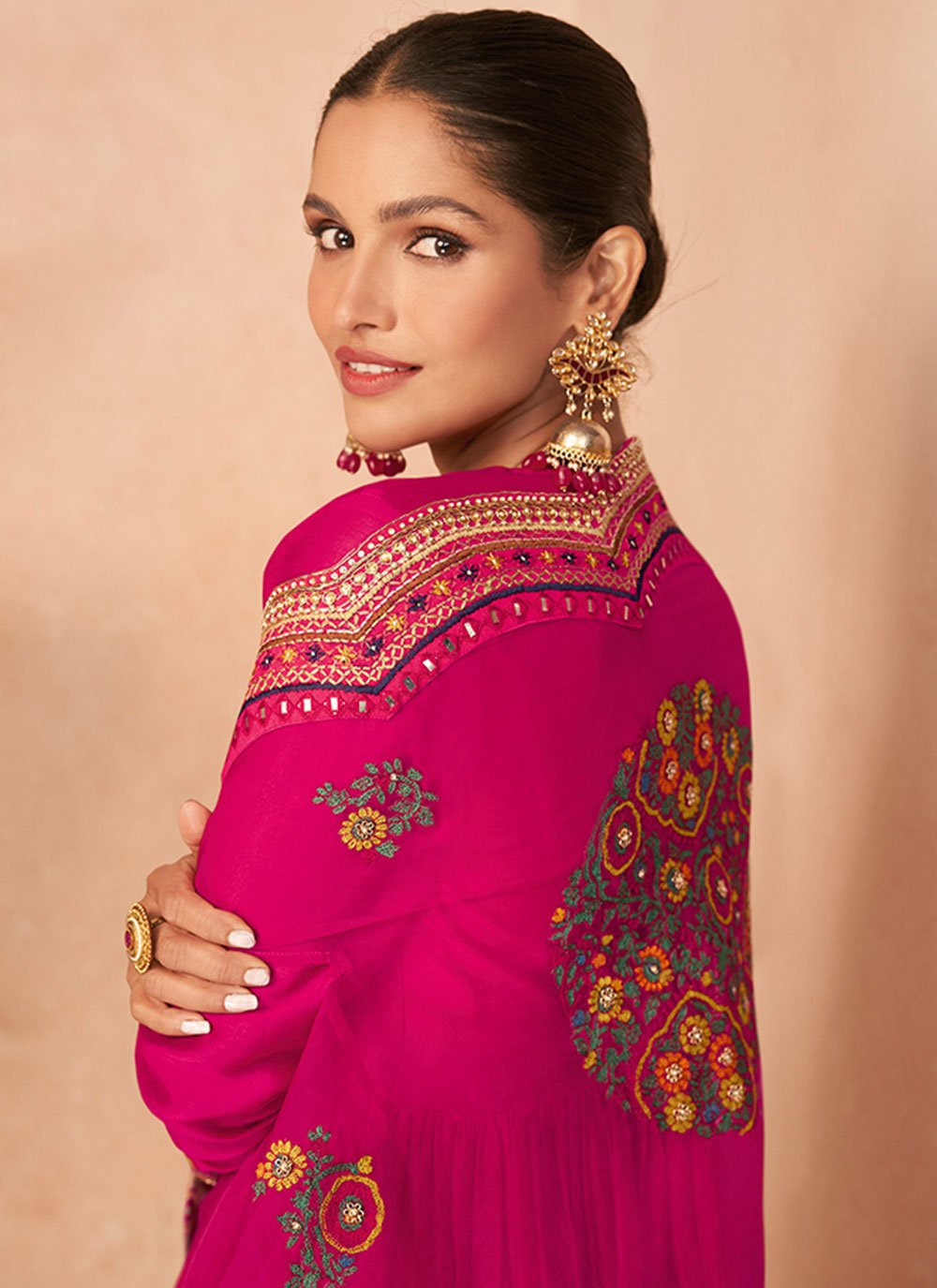 Palazzo Salwar Suit Chiffon Silk Hot Pink Embroidered Salwar Kameez
