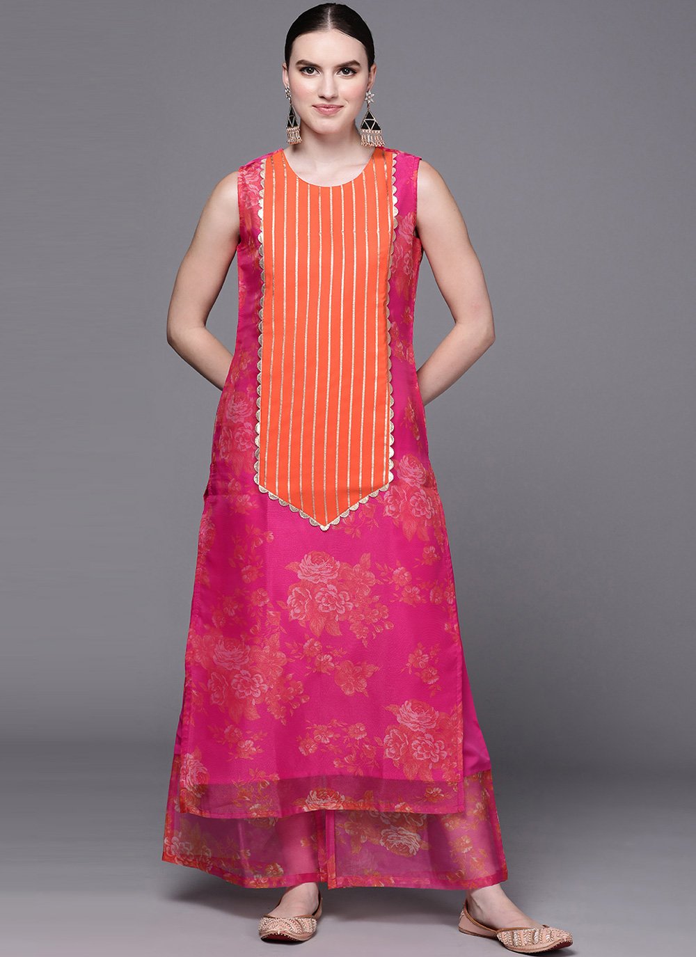 Designer Kurti Organza Hot Pink Print Kurtis