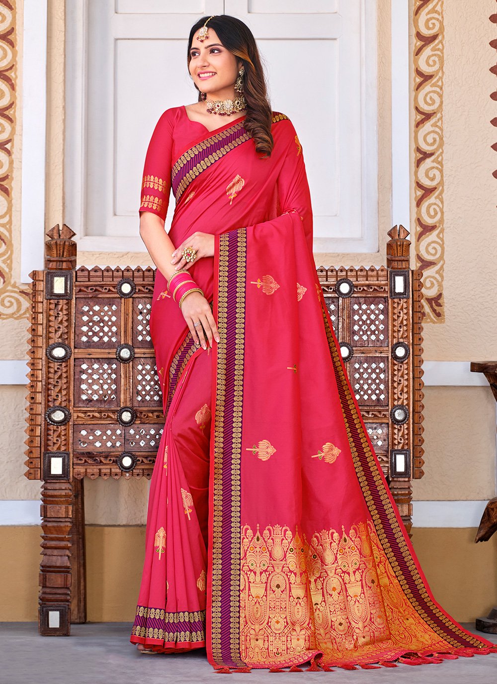 Contemporary Silk Hot Pink Patch Border Saree