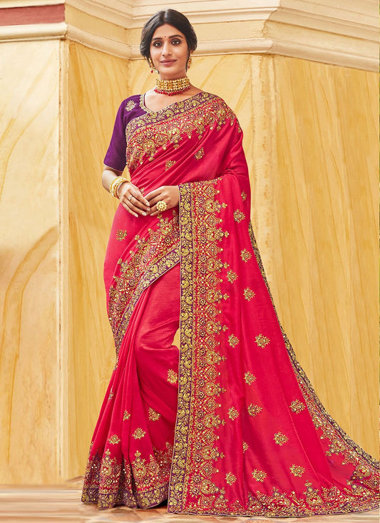 Designer Vichitra Silk Hot Pink Diamond Saree