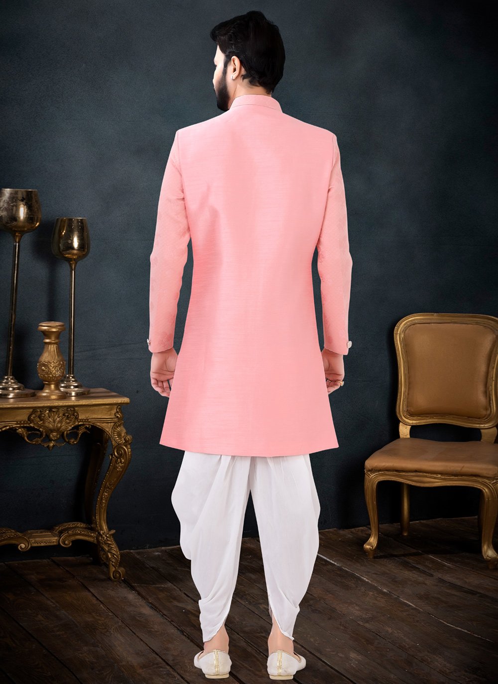 Indo Western Sherwani Jacquard Silk Hot Pink Embroidered Mens