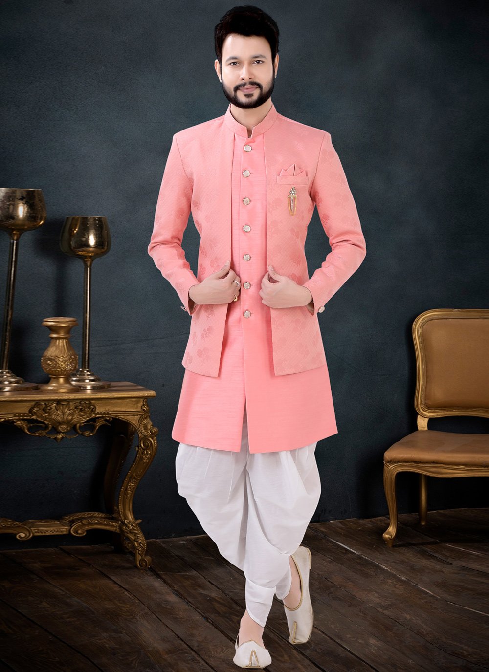 Indo Western Sherwani Jacquard Silk Hot Pink Embroidered Mens