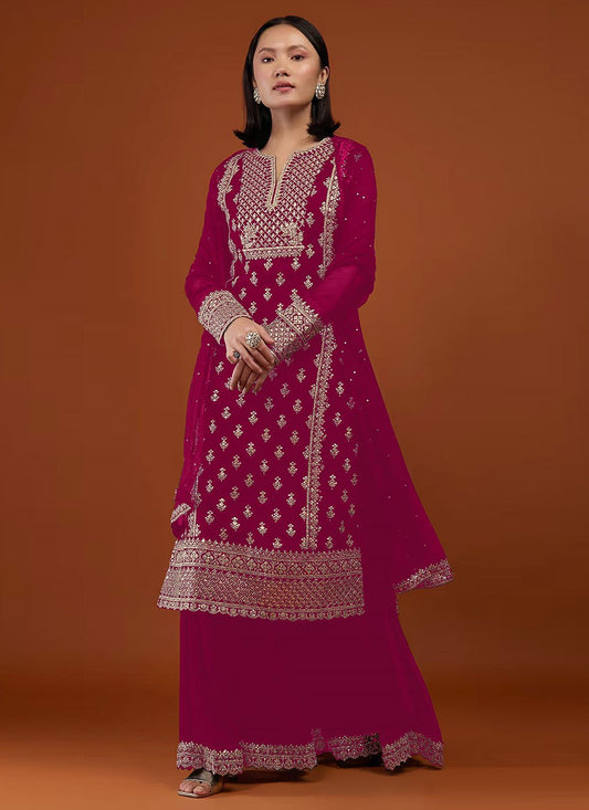 Palazzo Salwar Suit Georgette Hot Pink Embroidered Salwar Kameez