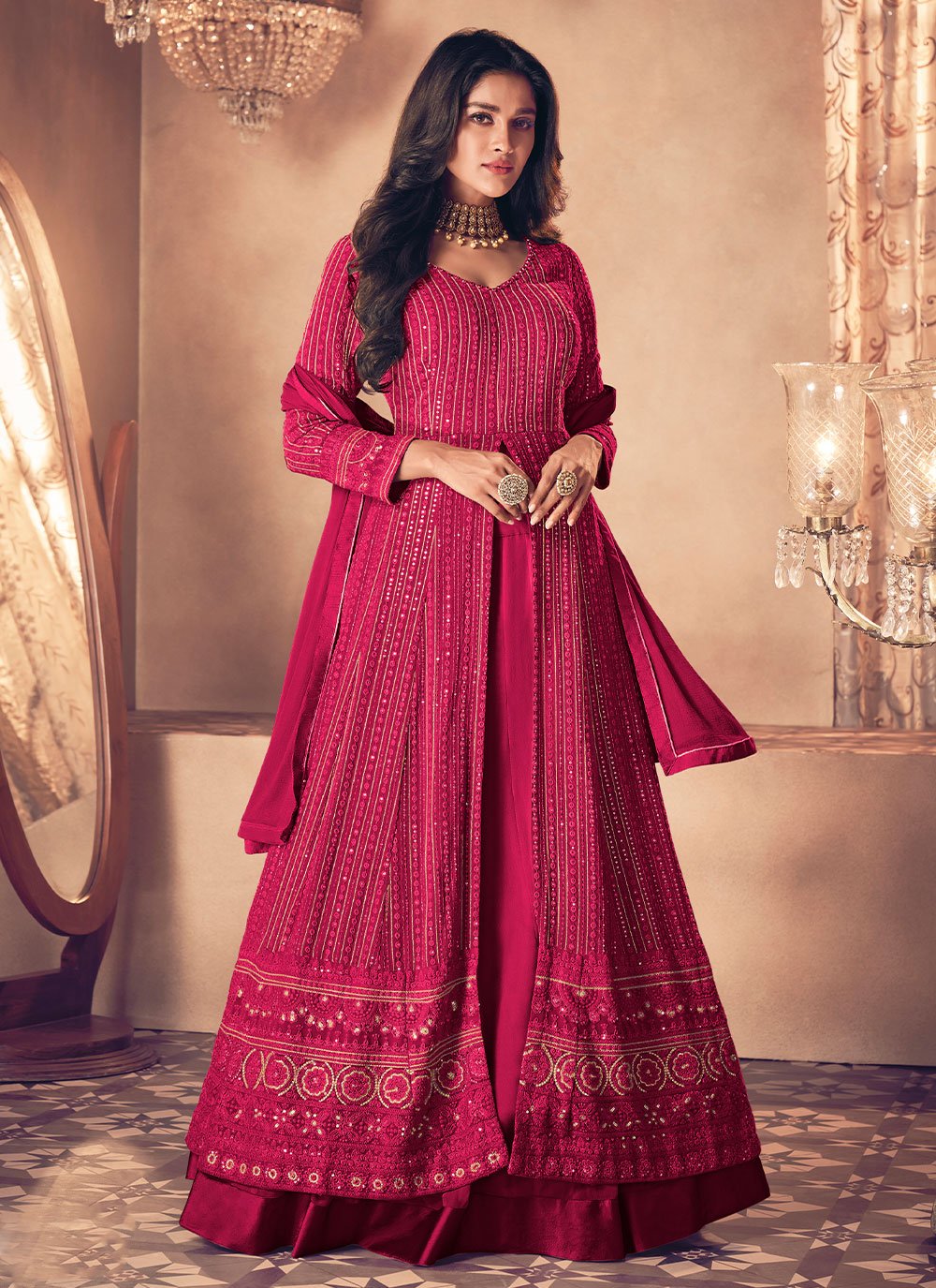 A Line Lehenga Georgette Hot Pink Embroidered Lehenga Choli