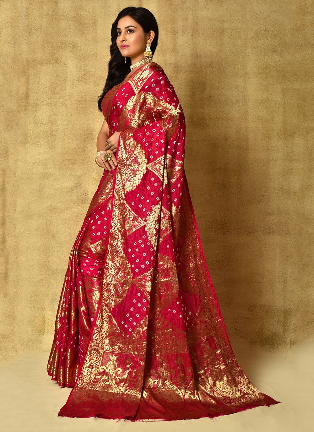 Bandhej Saree Silk Hot Pink Weaving Saree