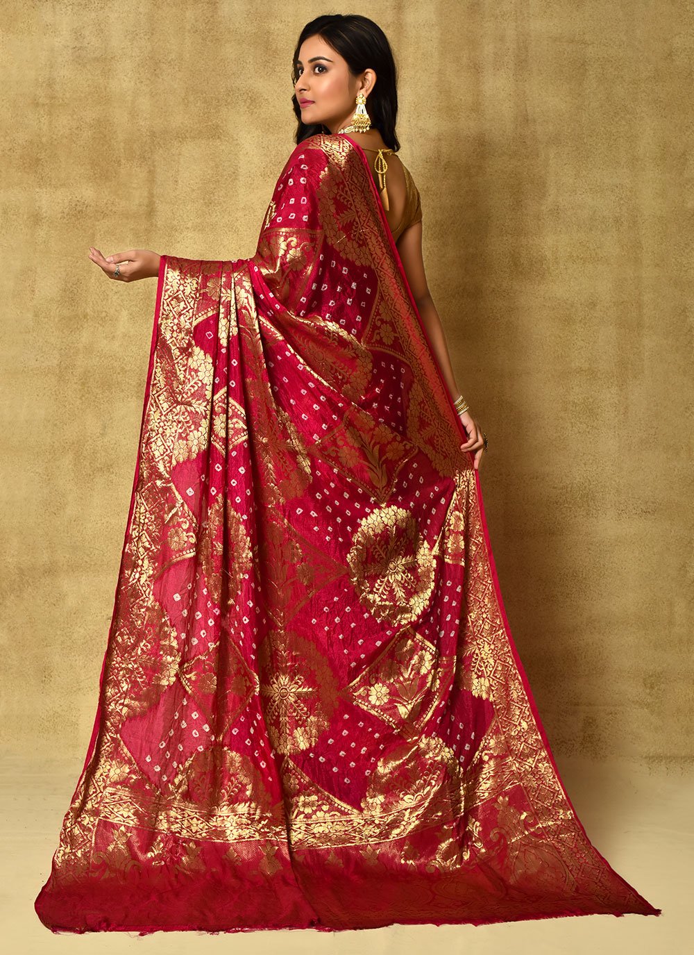 Bandhej Saree Silk Hot Pink Weaving Saree