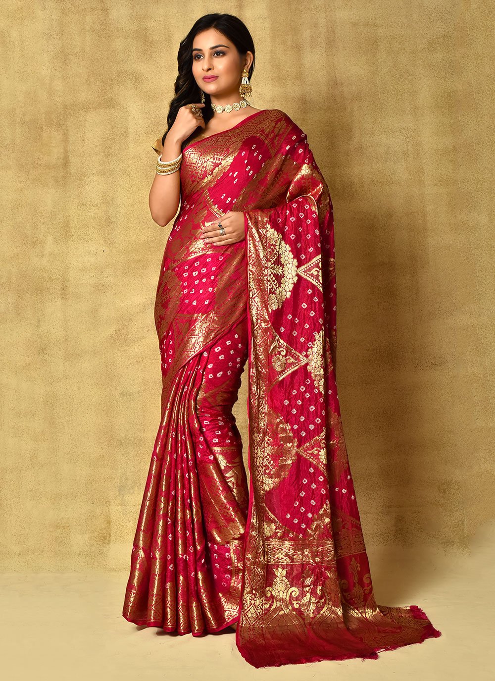 Bandhej Saree Silk Hot Pink Weaving Saree