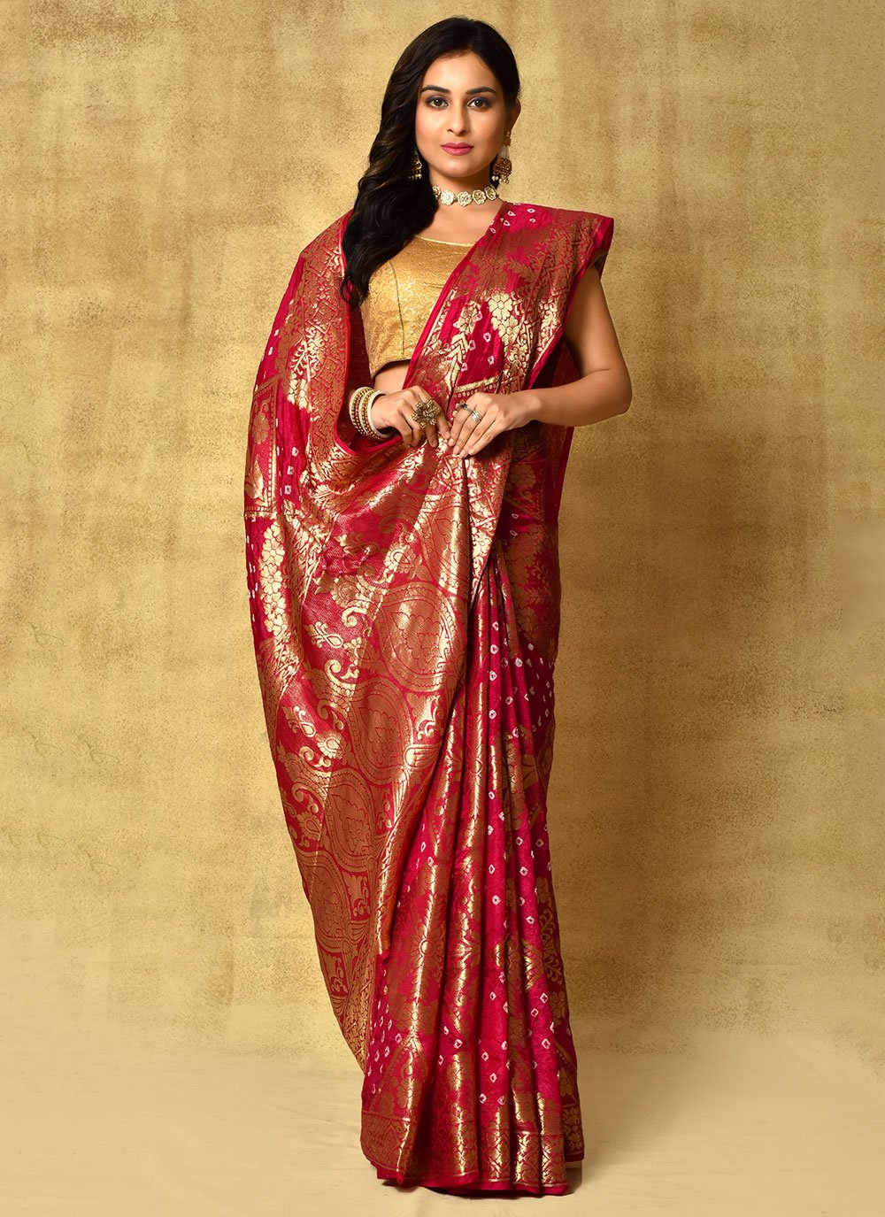 Bandhej Saree Silk Hot Pink Weaving Saree