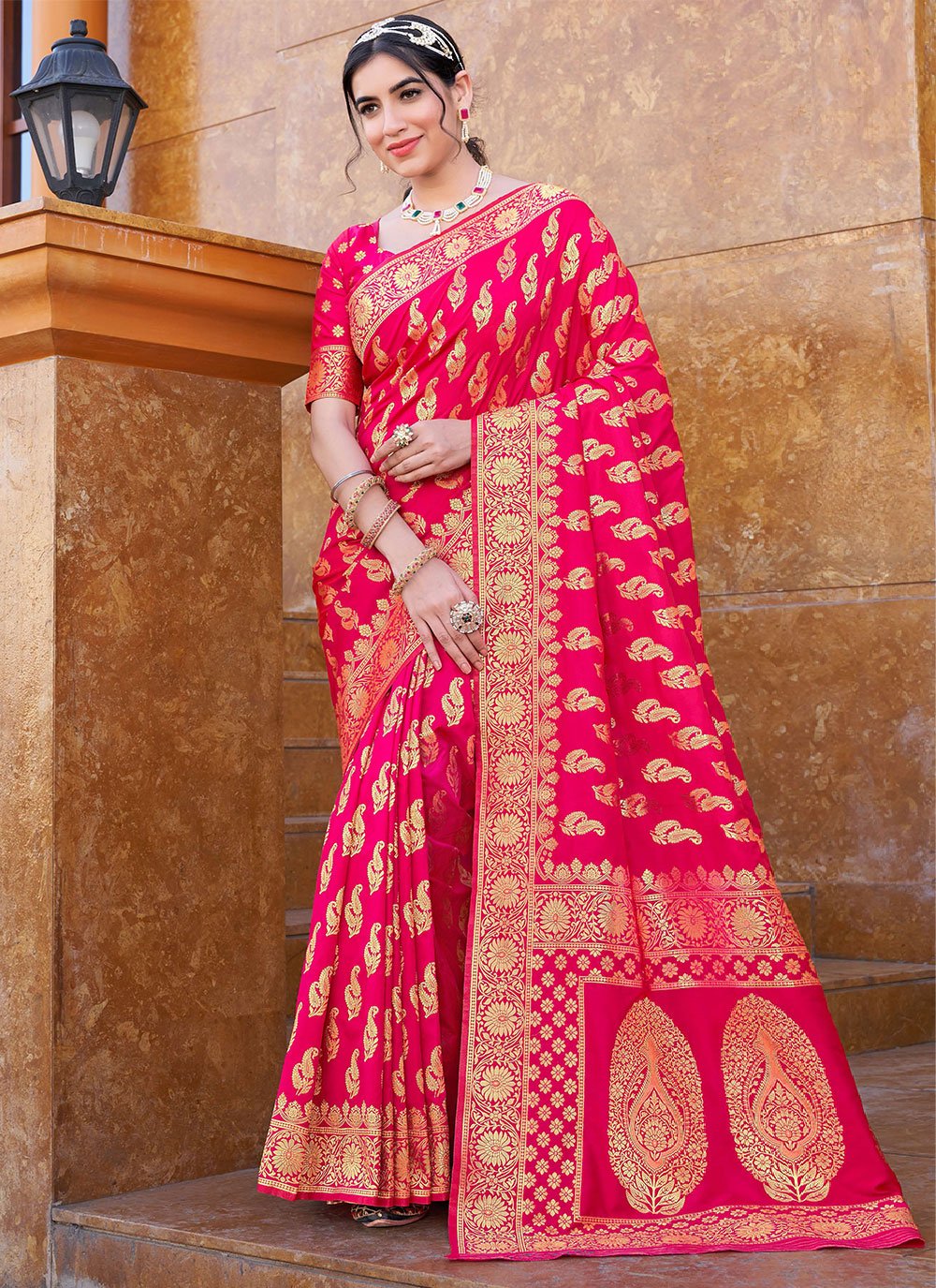 Classic Silk Hot Pink Woven Saree