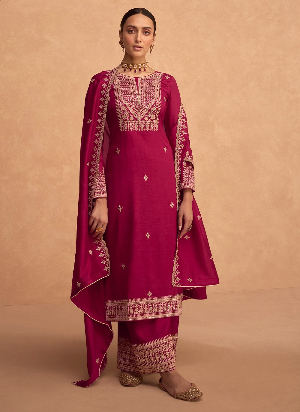 Palazzo Salwar Suit Silk Hot Pink Embroidered Salwar Kameez