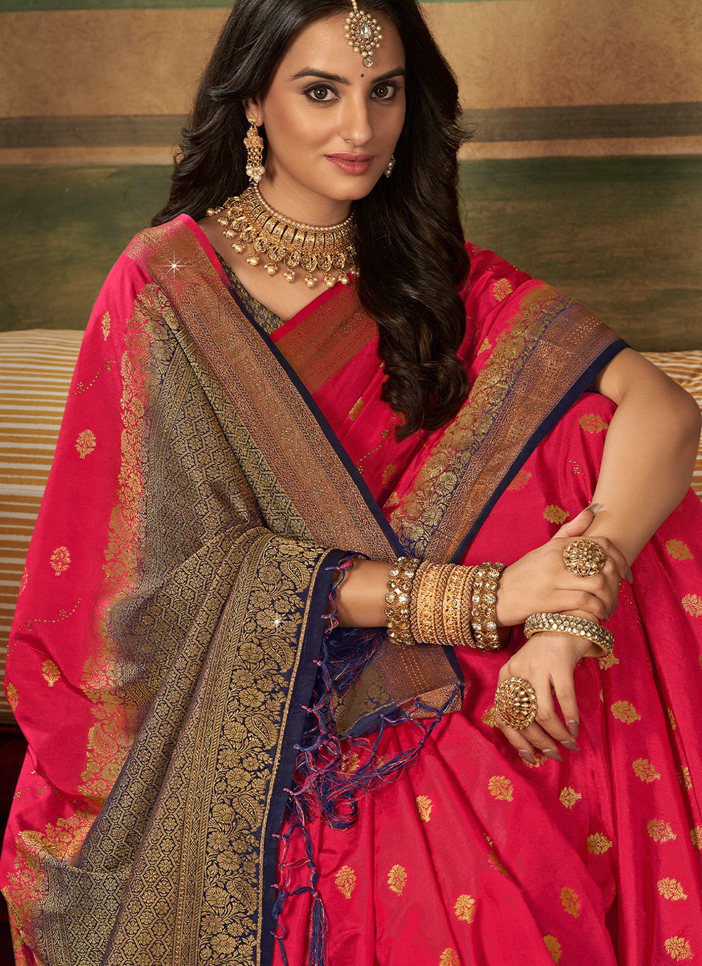 Classic Pure Dola Silk Hot Pink Swarovski Saree