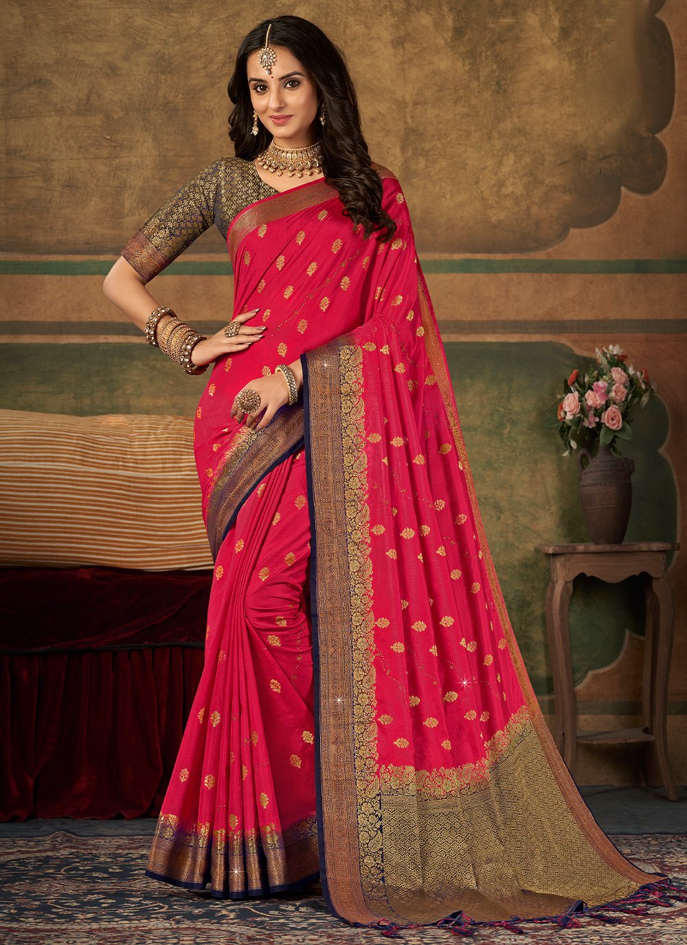 Classic Pure Dola Silk Hot Pink Swarovski Saree