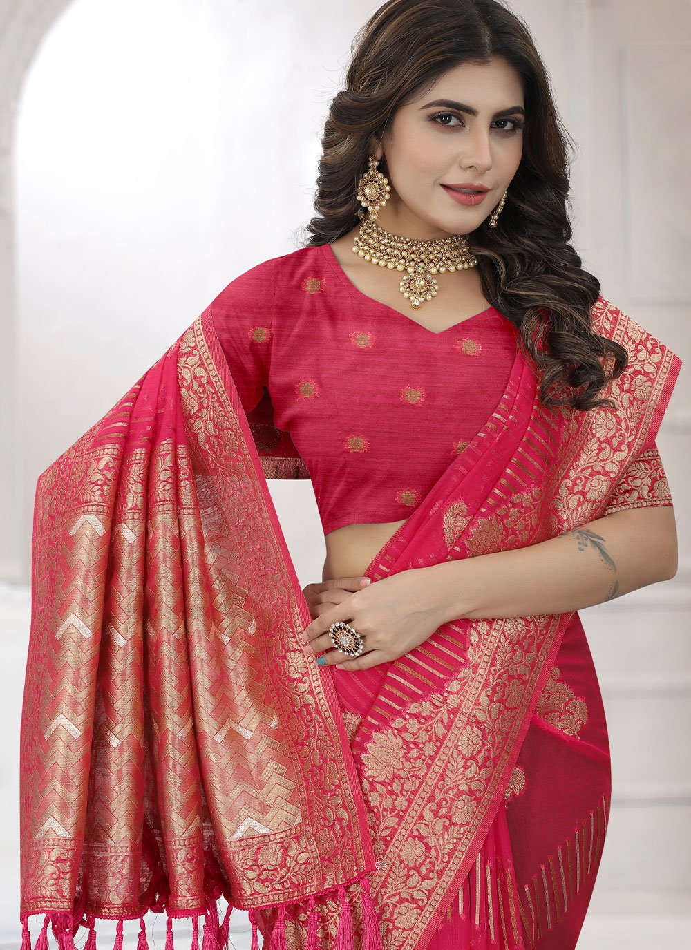 Classic Organza Viscose Hot Pink Booti Saree