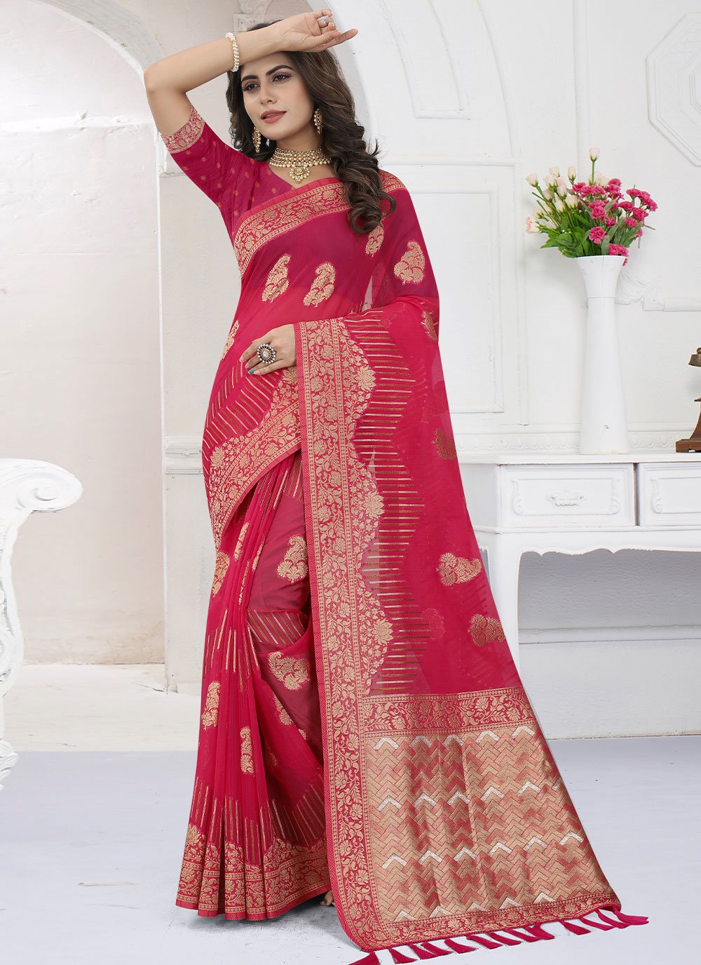 Classic Organza Viscose Hot Pink Booti Saree