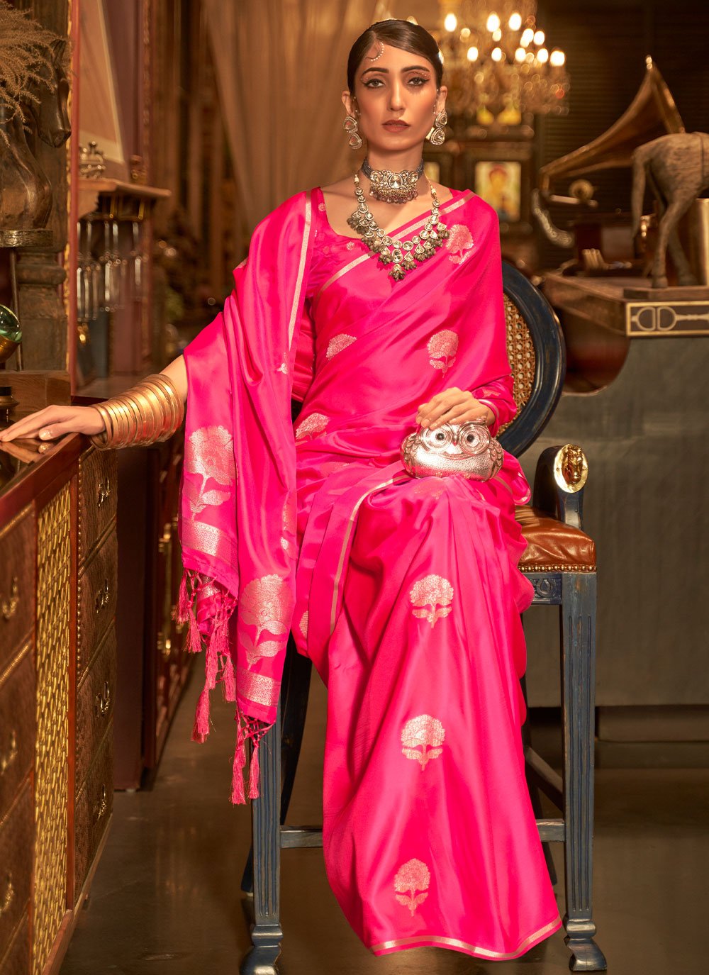 Traditional Saree Handloom Silk Satin Hot Pink Weaving Saree