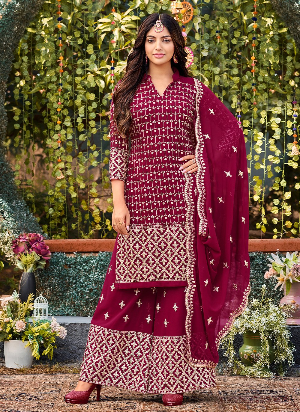 Salwar Suit Faux Georgette Hot Pink Embroidered Salwar Kameez