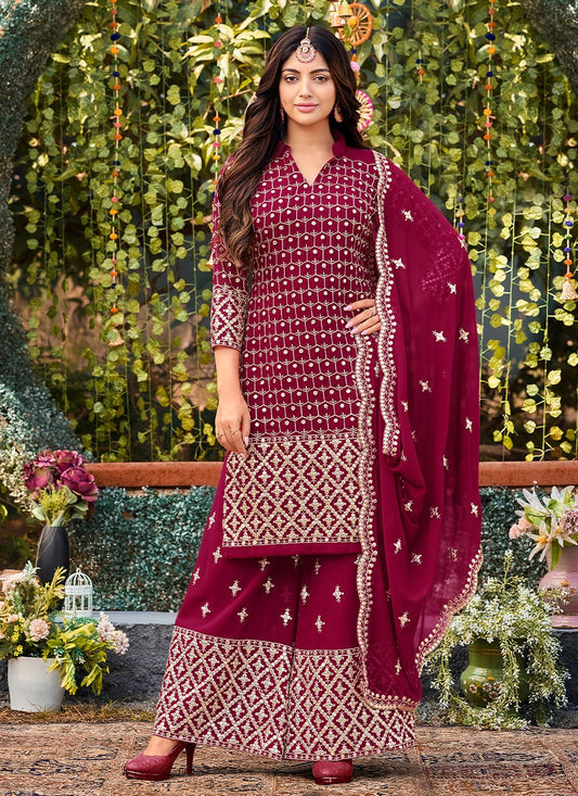 Salwar Suit Faux Georgette Hot Pink Embroidered Salwar Kameez