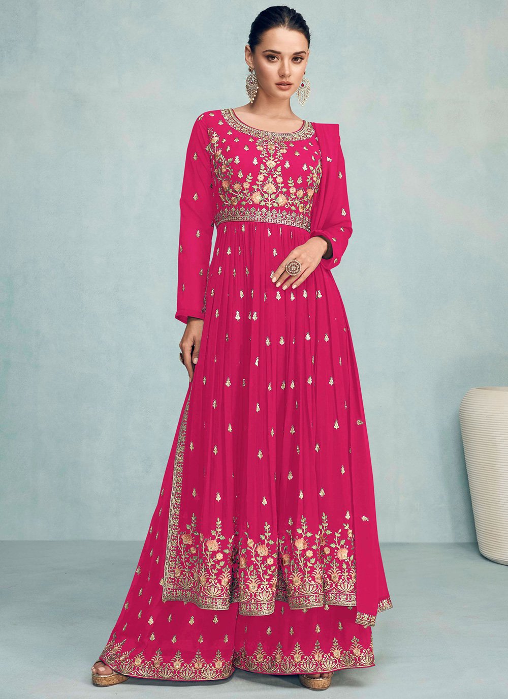 Salwar Suit Georgette Hot Pink Embroidered Salwar Kameez