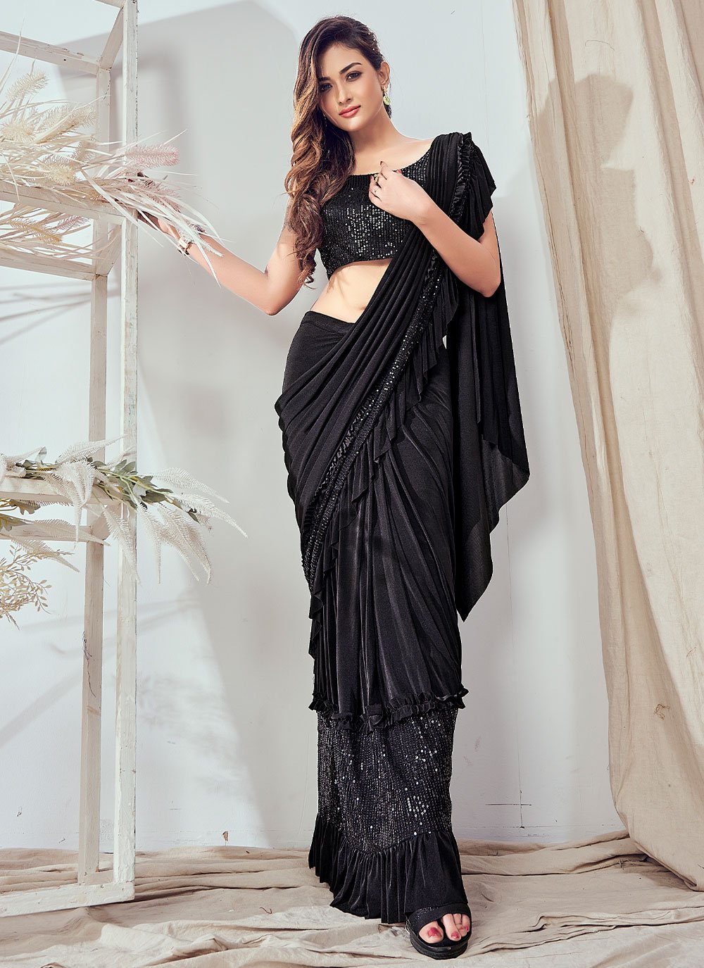 Contemporary Imported Black Sequins Saree