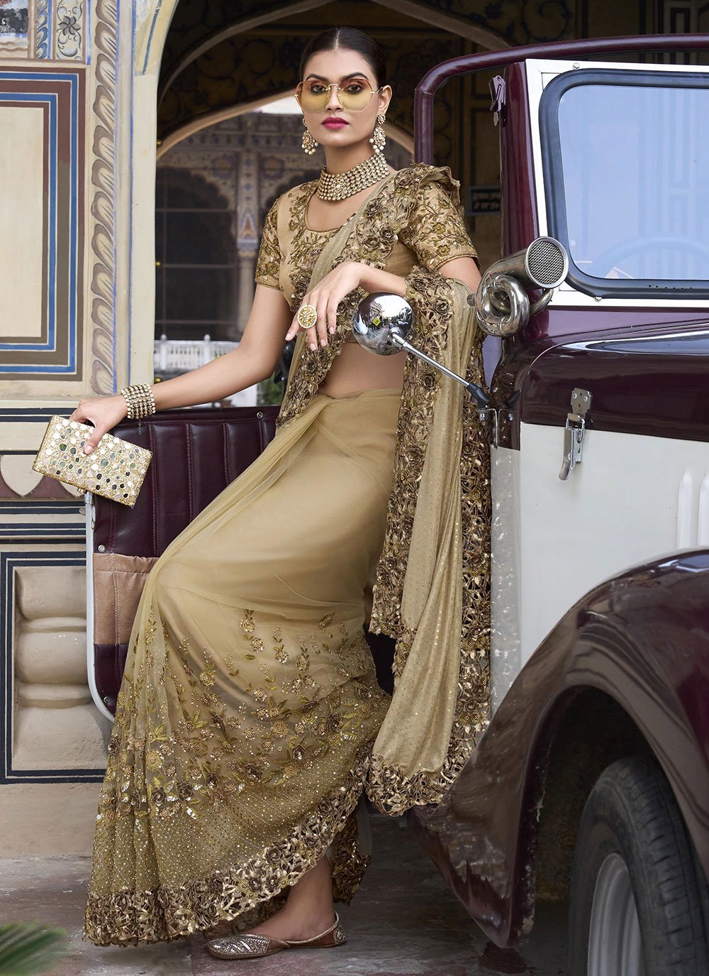 Contemporary Imported Net Brown Embroidered Saree