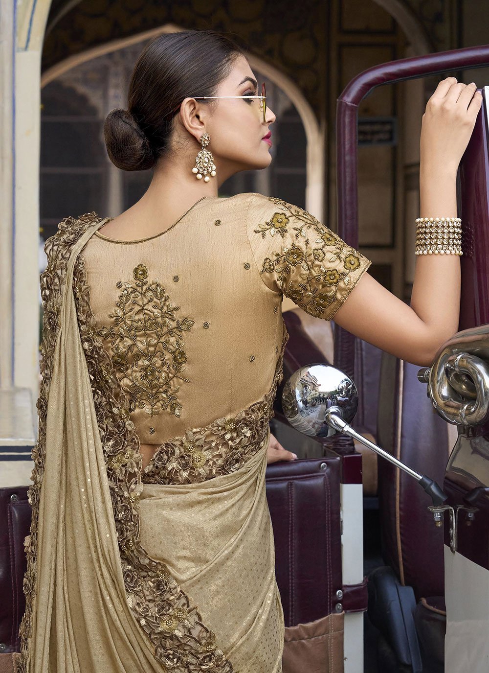 Contemporary Imported Net Brown Embroidered Saree