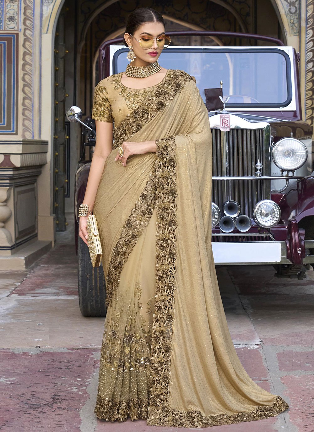 Contemporary Imported Net Brown Embroidered Saree